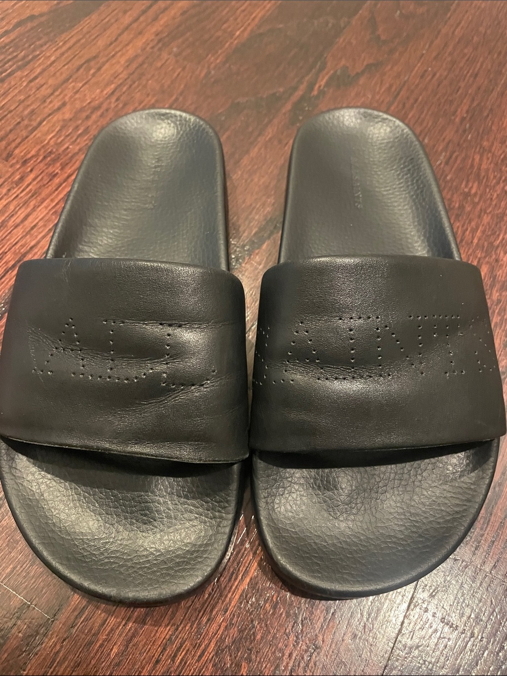 All Saints Black Leather Slide Sandals with Perforated Detail